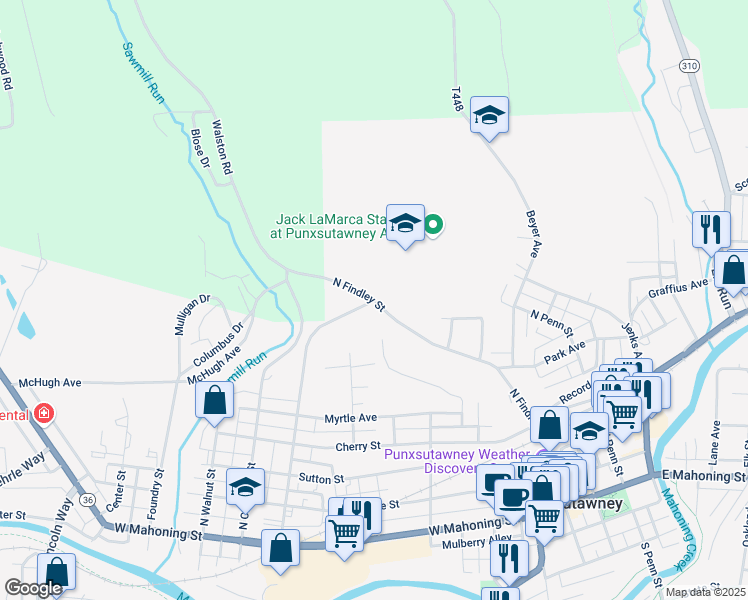 map of restaurants, bars, coffee shops, grocery stores, and more near 500 North Findley Street in Punxsutawney