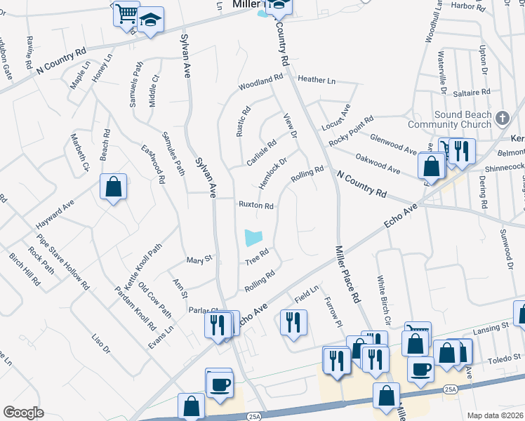 map of restaurants, bars, coffee shops, grocery stores, and more near 26 Hemlock Drive in Miller Place