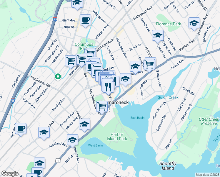 map of restaurants, bars, coffee shops, grocery stores, and more near 121 Prospect Avenue in Mamaroneck
