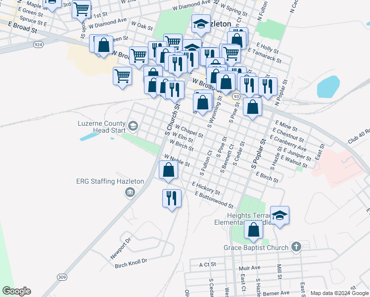 map of restaurants, bars, coffee shops, grocery stores, and more near 161 South Laurel Street in Hazleton