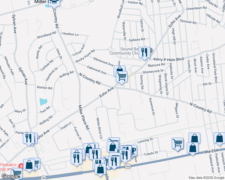 map of restaurants, bars, coffee shops, grocery stores, and more near 3 Queens Road in Miller Place
