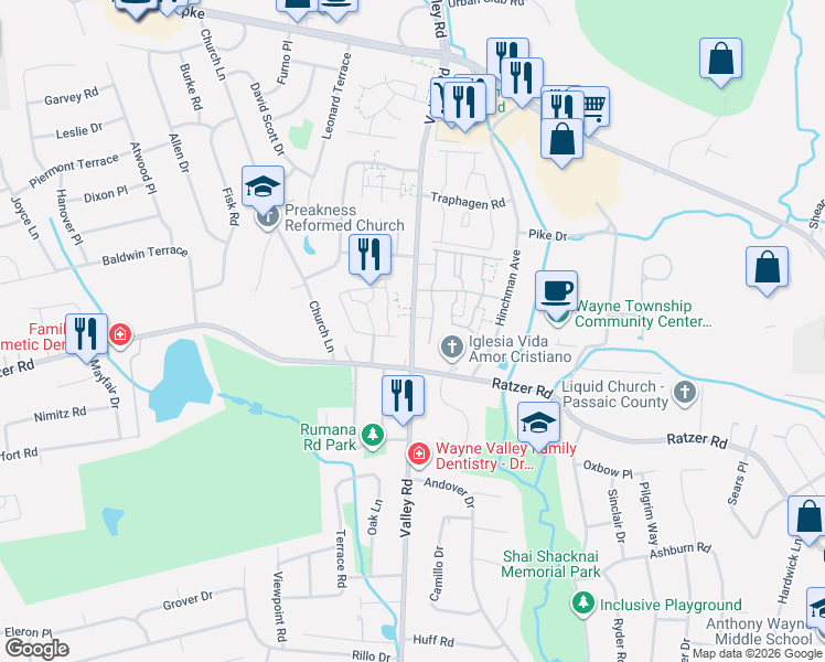 map of restaurants, bars, coffee shops, grocery stores, and more near 1121B Valley Road in Wayne