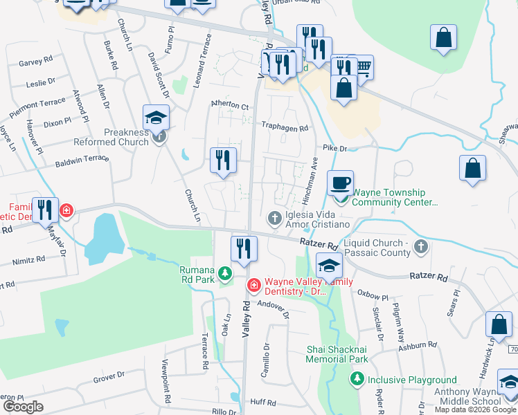 map of restaurants, bars, coffee shops, grocery stores, and more near 1120 Valley Road in Wayne