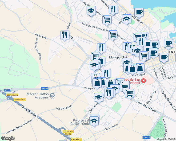 map of restaurants, bars, coffee shops, grocery stores, and more near 2 Via Andrea Mantegna in Monopoli