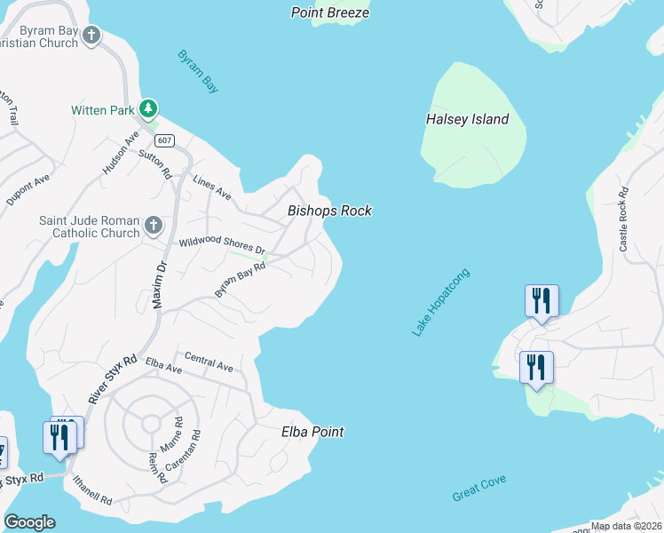 map of restaurants, bars, coffee shops, grocery stores, and more near 7 Bass Rock Road in Hopatcong