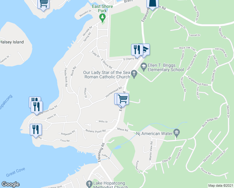map of restaurants, bars, coffee shops, grocery stores, and more near 13 Homestead Road in Jefferson