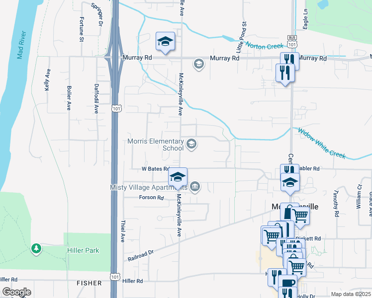 map of restaurants, bars, coffee shops, grocery stores, and more near 2395 McKinleyville Avenue in McKinleyville