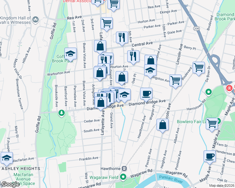 map of restaurants, bars, coffee shops, grocery stores, and more near 175 Royal Avenue in Hawthorne
