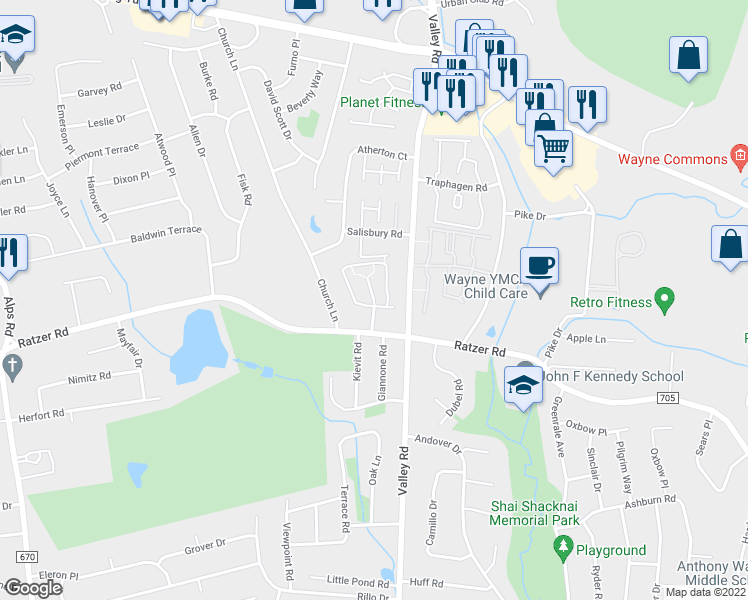 map of restaurants, bars, coffee shops, grocery stores, and more near 56 Manchester Court in Wayne