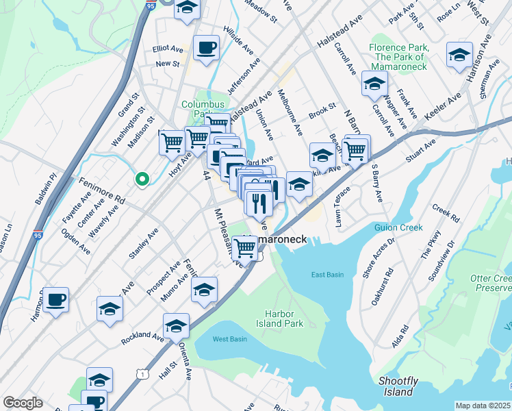map of restaurants, bars, coffee shops, grocery stores, and more near 121 Prospect Avenue in Mamaroneck