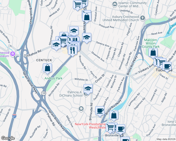 map of restaurants, bars, coffee shops, grocery stores, and more near 16 Perry Place in Yonkers
