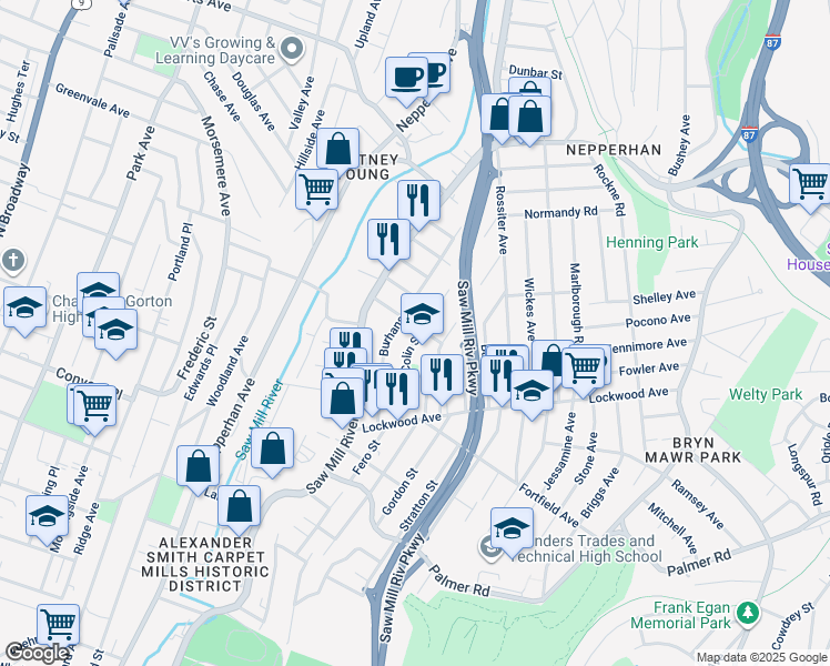 map of restaurants, bars, coffee shops, grocery stores, and more near 50 Colin Street in Yonkers