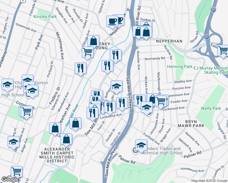 map of restaurants, bars, coffee shops, grocery stores, and more near 68 Burhans Avenue in Yonkers