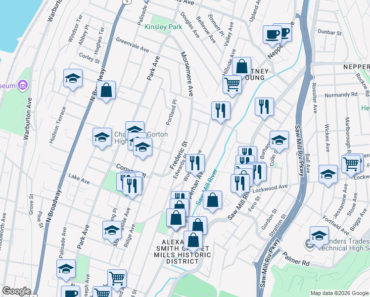 map of restaurants, bars, coffee shops, grocery stores, and more near 118 Frederic Street in Yonkers