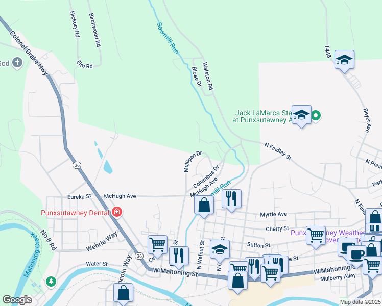 map of restaurants, bars, coffee shops, grocery stores, and more near 122 Mulligan Drive in Punxsutawney