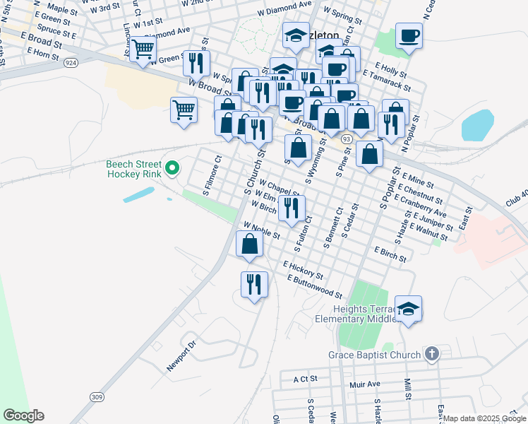 map of restaurants, bars, coffee shops, grocery stores, and more near 166 South Laurel Street in Hazleton