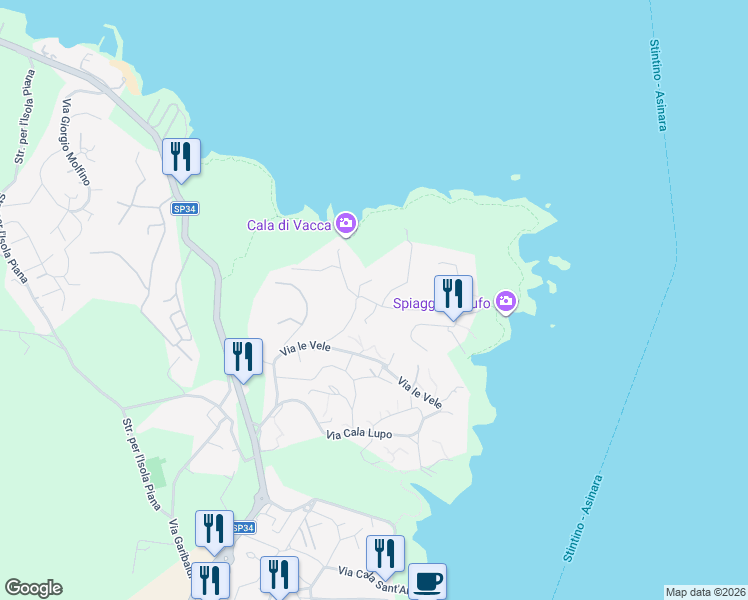 map of restaurants, bars, coffee shops, grocery stores, and more near 62 Via Punta Negra in Stintino