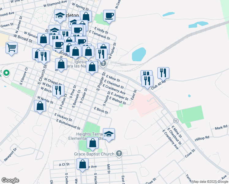 map of restaurants, bars, coffee shops, grocery stores, and more near 418 East Cranberry Avenue in Hazleton