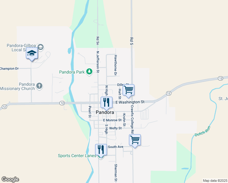 map of restaurants, bars, coffee shops, grocery stores, and more near 203 Hart Street in Pandora