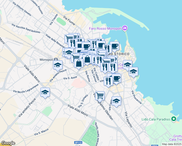 map of restaurants, bars, coffee shops, grocery stores, and more near 26 Via Roma in Monopoli