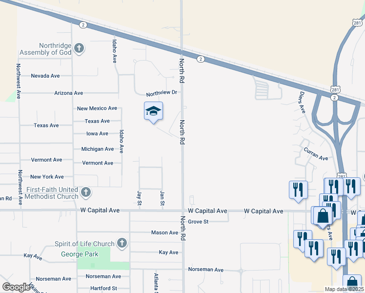 map of restaurants, bars, coffee shops, grocery stores, and more near 2710 North Road in Grand Island