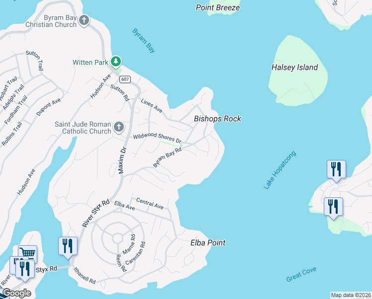 map of restaurants, bars, coffee shops, grocery stores, and more near 12 Sand Harbor Road in Hopatcong