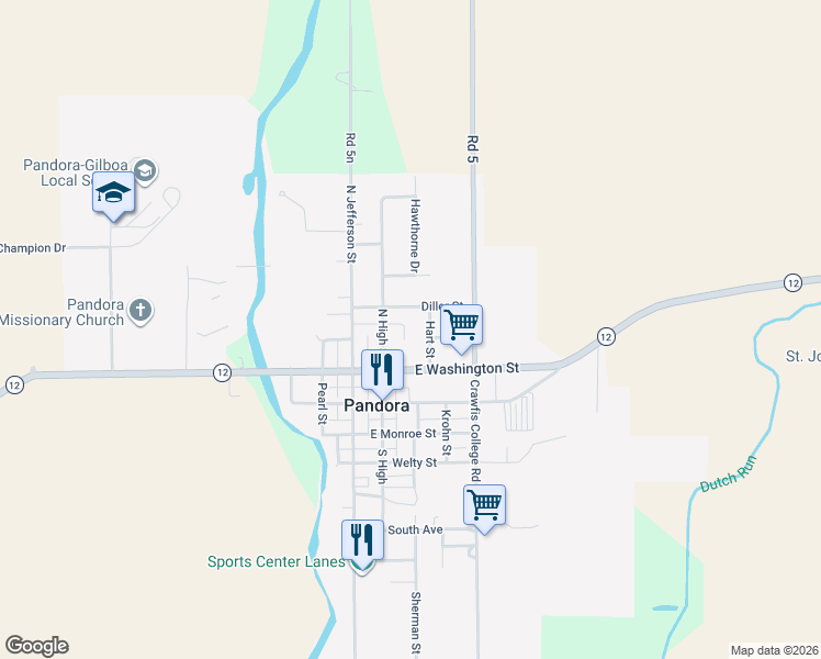 map of restaurants, bars, coffee shops, grocery stores, and more near 203 Hart Street in Pandora