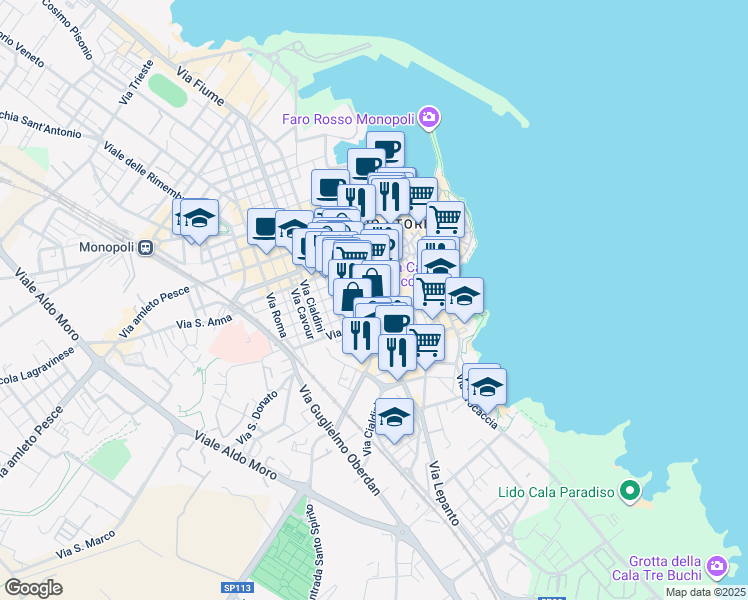 map of restaurants, bars, coffee shops, grocery stores, and more near 5 Via Palestro in Monopoli