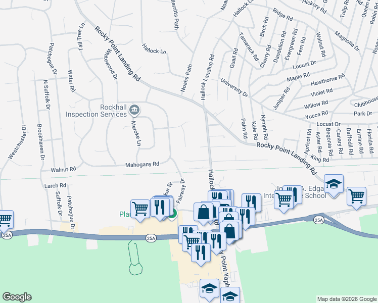 map of restaurants, bars, coffee shops, grocery stores, and more near 64 Hallock Landing Road in Rocky Point