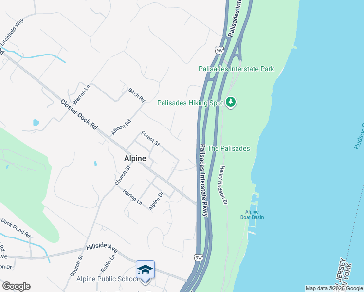 map of restaurants, bars, coffee shops, grocery stores, and more near 46 Overlook Road in Alpine