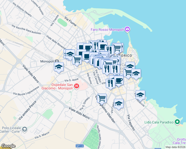 map of restaurants, bars, coffee shops, grocery stores, and more near 71 Via Giuseppe Mazzini in Monopoli
