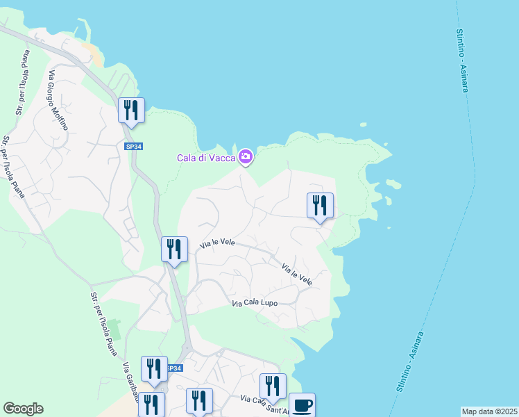 map of restaurants, bars, coffee shops, grocery stores, and more near 62 Via Punta Negra in Stintino