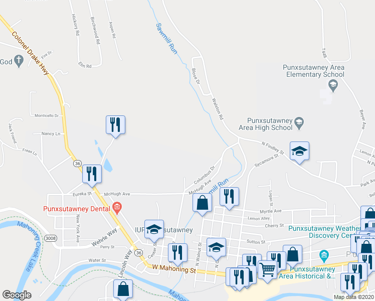 map of restaurants, bars, coffee shops, grocery stores, and more near 122 Mulligan Drive in Punxsutawney
