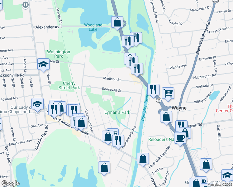 map of restaurants, bars, coffee shops, grocery stores, and more near 33 Roosevelt Street in Pequannock Township