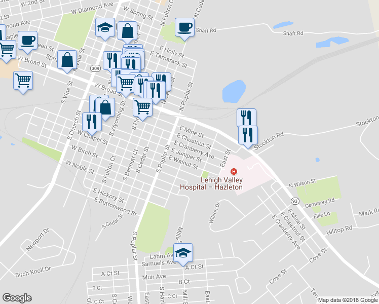 map of restaurants, bars, coffee shops, grocery stores, and more near 444 East Cranberry Avenue in Hazleton
