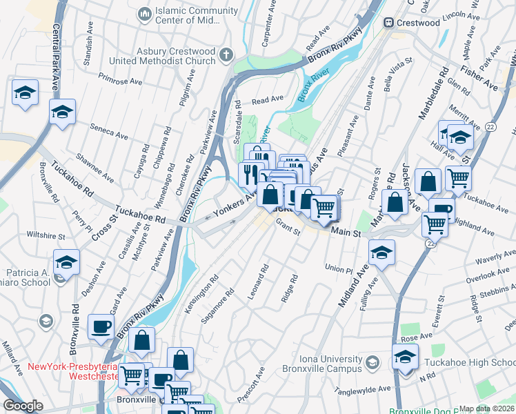 map of restaurants, bars, coffee shops, grocery stores, and more near 68 Lake Avenue in Tuckahoe