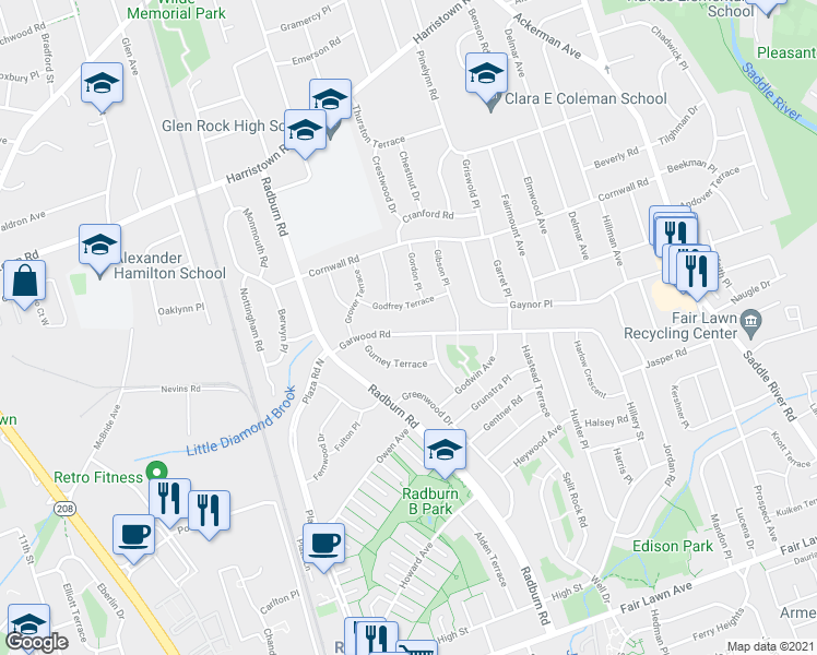 map of restaurants, bars, coffee shops, grocery stores, and more near 15 Greydanus Place in Fair Lawn