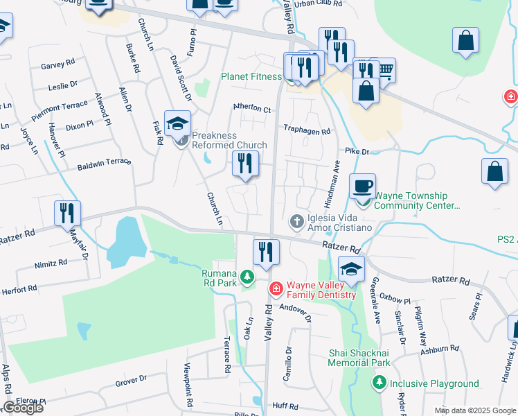 map of restaurants, bars, coffee shops, grocery stores, and more near 1121B Valley Road in Wayne