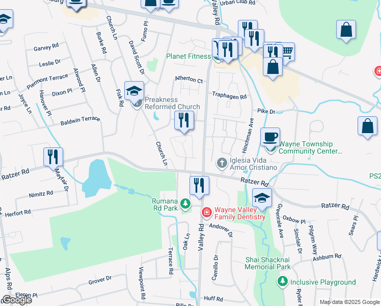 map of restaurants, bars, coffee shops, grocery stores, and more near 1121B Valley Road in Wayne