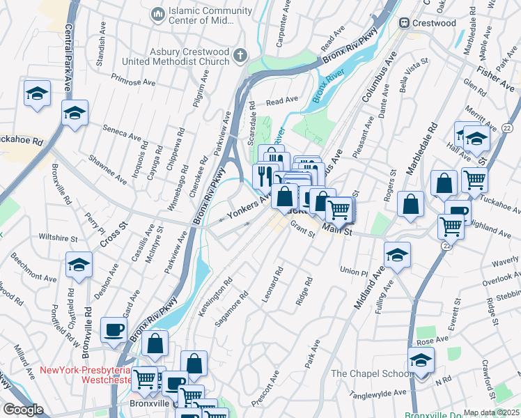 map of restaurants, bars, coffee shops, grocery stores, and more near 77 Lake Avenue in Tuckahoe