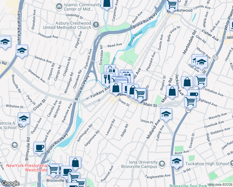 map of restaurants, bars, coffee shops, grocery stores, and more near 1 Depot Square in Tuckahoe
