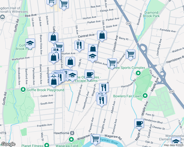 map of restaurants, bars, coffee shops, grocery stores, and more near 193 Hawthorne Avenue in Hawthorne