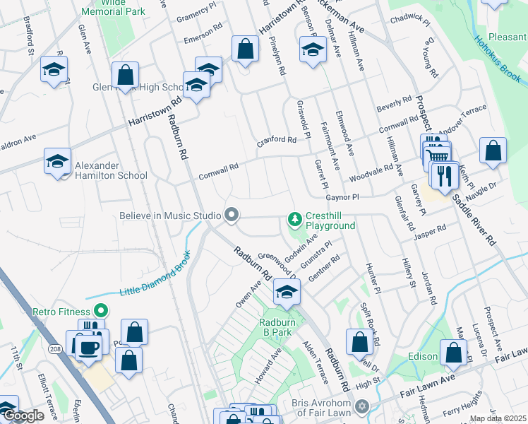 map of restaurants, bars, coffee shops, grocery stores, and more near 15 Greydanus Place in Fair Lawn