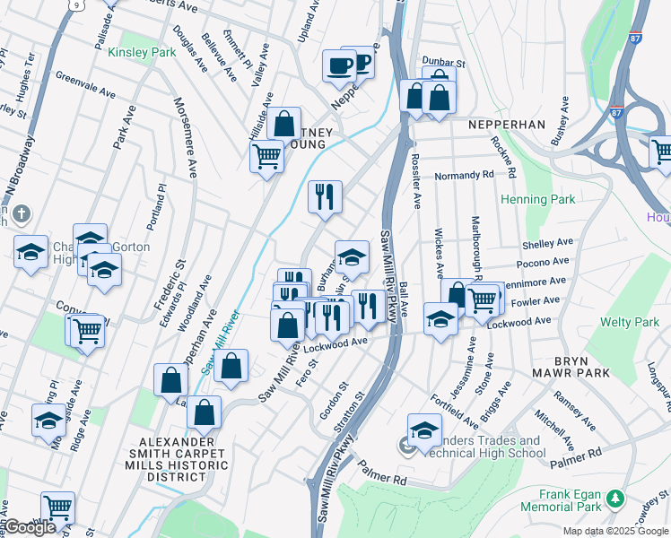 map of restaurants, bars, coffee shops, grocery stores, and more near 82 Burhans Avenue in Yonkers
