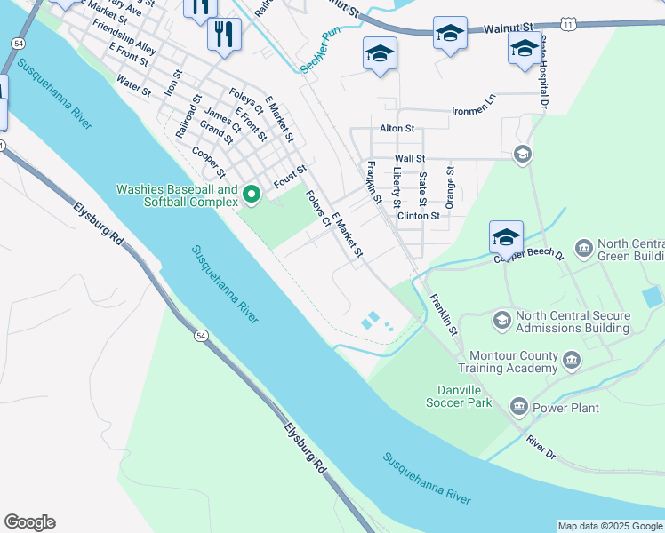map of restaurants, bars, coffee shops, grocery stores, and more near Fishers Court in Danville