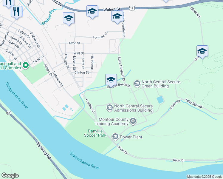 map of restaurants, bars, coffee shops, grocery stores, and more near 13 Kirkbride Drive in Danville