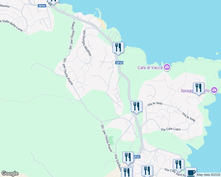 map of restaurants, bars, coffee shops, grocery stores, and more near 18 Via dei Rosmarini in Palmadula