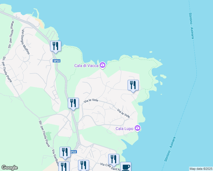 map of restaurants, bars, coffee shops, grocery stores, and more near 62 Via Punta Negra in Stintino