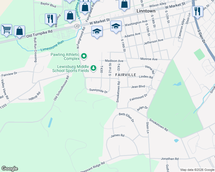 map of restaurants, bars, coffee shops, grocery stores, and more near 60 Sunnyside Dr in Lewisburg