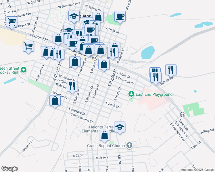 map of restaurants, bars, coffee shops, grocery stores, and more near 306 East Walnut Street in Hazleton